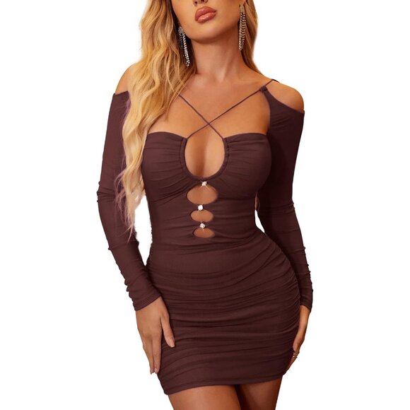 Women’s Sexy Hollow Out Bodycon Dress Ruched Mesh Mini Dresses for Club Night - Picture 1 of 5